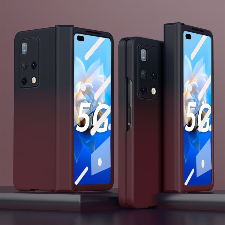 Tempered film integrated phone case with gradient design, burgundy and black tones.