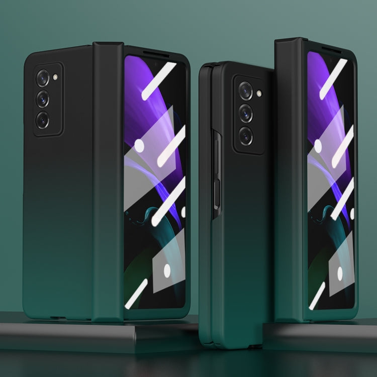 Tempered film integrated phone case with gradient design, dark with purple accents.