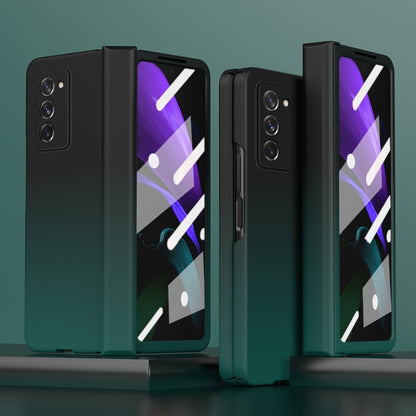 Tempered film integrated phone case with gradient design, dark with purple accents.