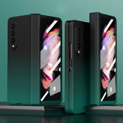 Tempered film integrated phone case with gradient design, black and teal tones.