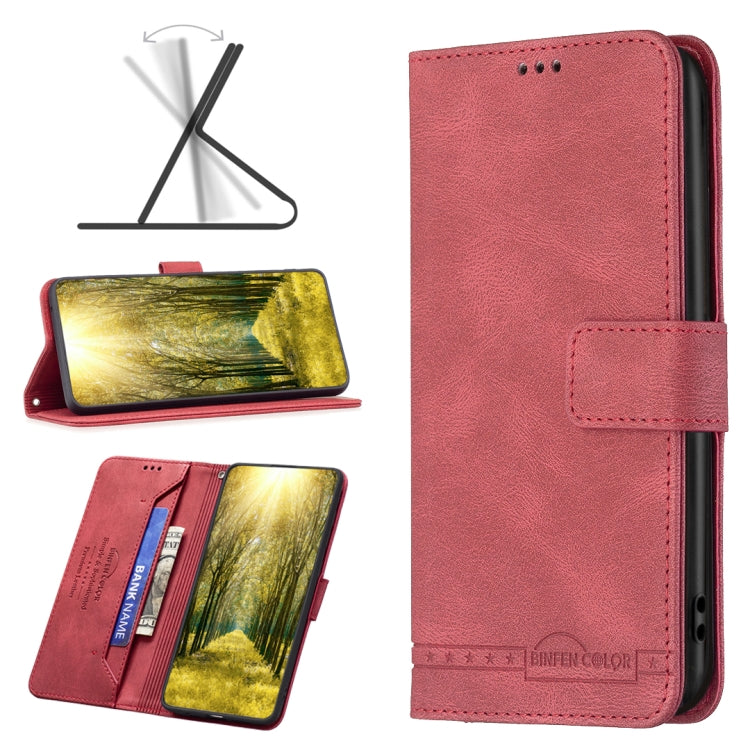Red flip leather phone case with magnetic buckle and card holder, for a Poco phone