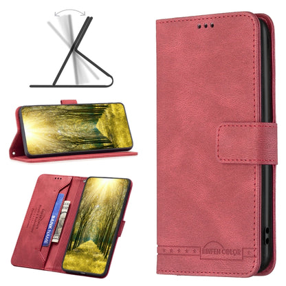 Red flip leather phone case with magnetic buckle and card holder, for a Poco phone