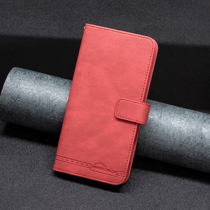 Red leather flip phone case with magnetic buckle and stitched detailing