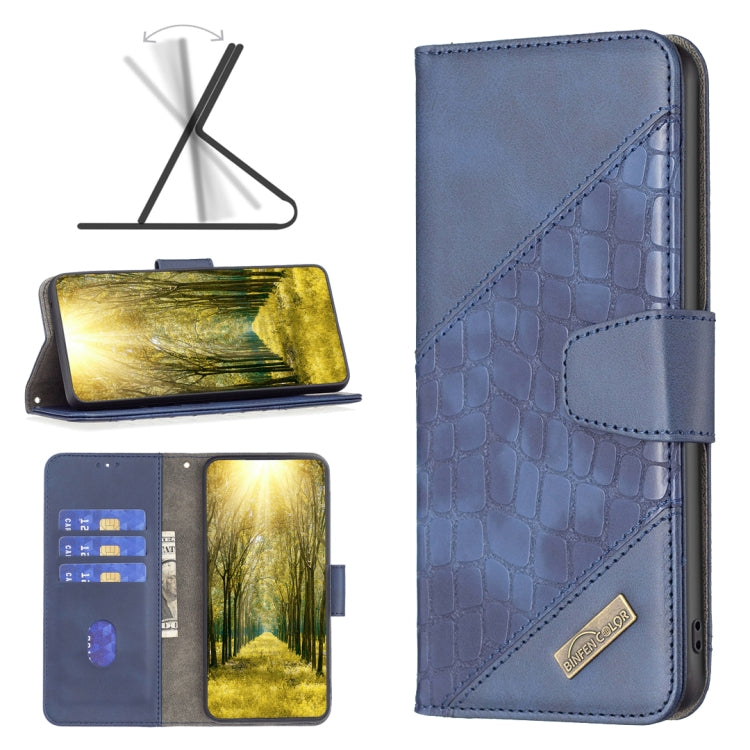Blue crocodile-texture leather phone wallet case with magnetic folio flap and side cutouts