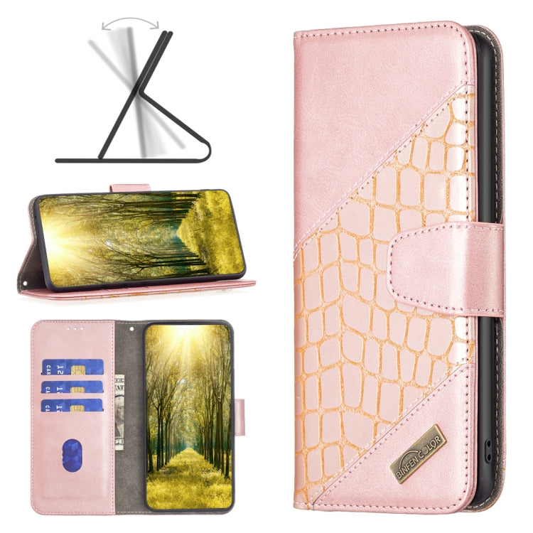 Rose gold crocodile-texture leather wallet phone case with magnetic flap and card slots