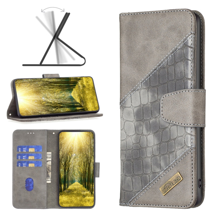 Crocodile-texture leather phone case with flip cover, light gray with side card holder