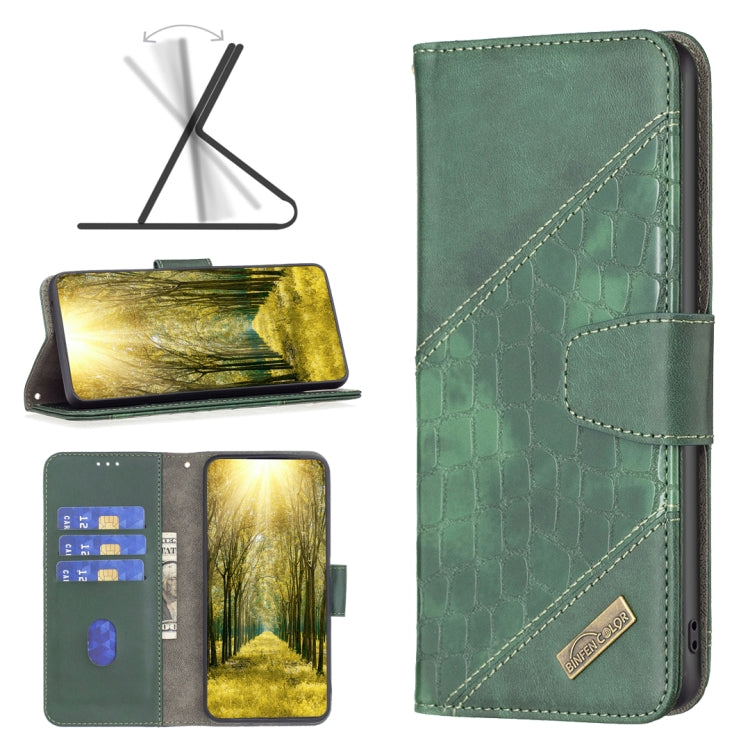 Crocodile-texture leather phone case with flip cover, dark green with stitched strap