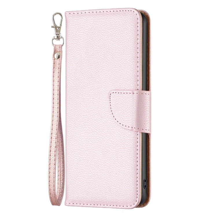 Rose gold litchi-texture leather folio phone case with wrist strap and front clasp