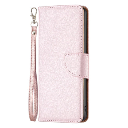 Rose gold litchi-texture leather folio phone case with wrist strap and front clasp