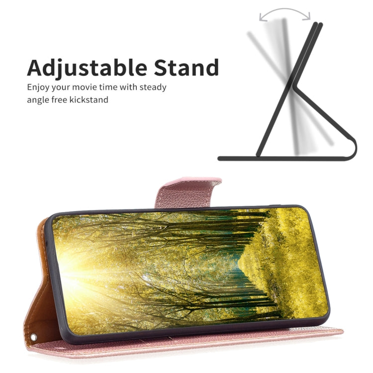 Rose gold leather phone wallet case with built-in stand position for viewing