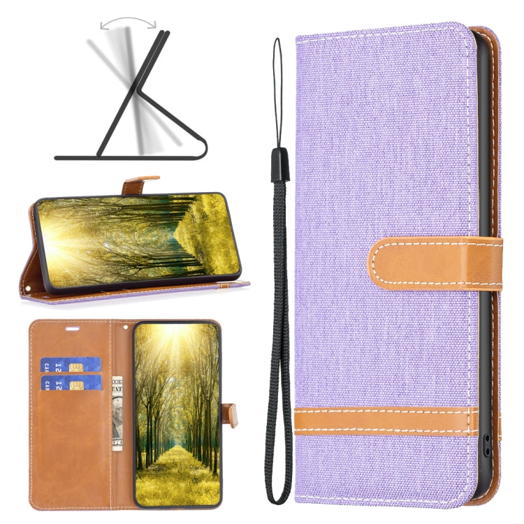 Lavender denim-texture leather folio phone case with wrist strap and card slot