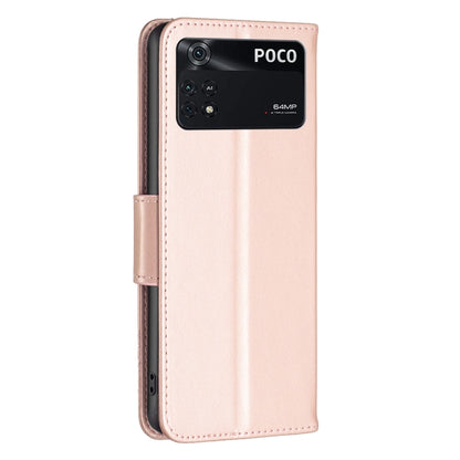 Rose gold leather phone case with embossed butterflies and POCO camera cutout