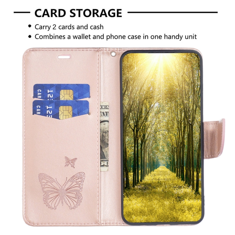Rose gold leather phone case with card storage, butterflies design, and viewing window