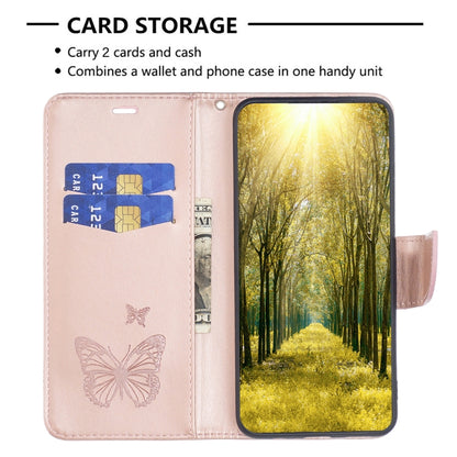 Rose gold leather phone case with card storage, butterflies design, and viewing window