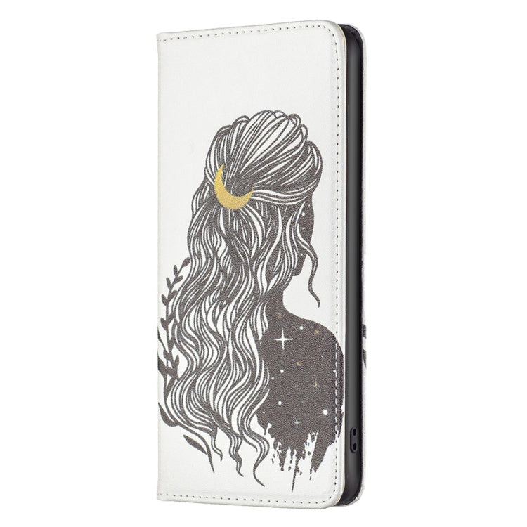 White leather phone case with wavy-haired silhouette and gold hair accessory