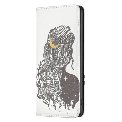 White leather phone case with wavy-haired silhouette and gold hair accessory