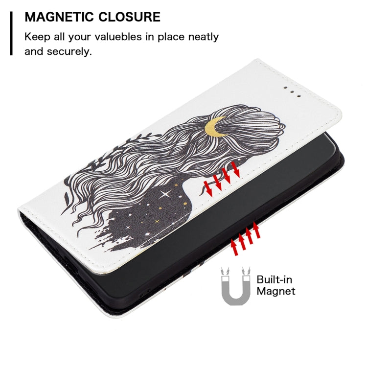White leather phone case with wavy-haired cat design and magnetic snap closure
