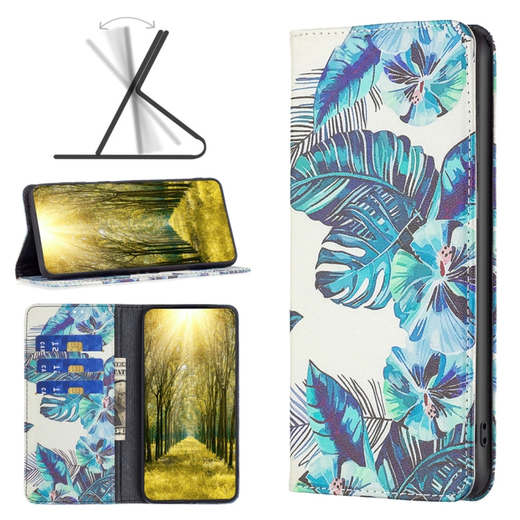 White leather phone case with blue floral leaf pattern, stitched border, and camera opening