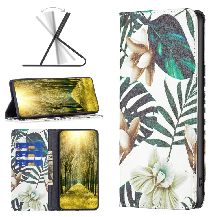 Magnetic leather phone case with white, green and beige tropical leaf print