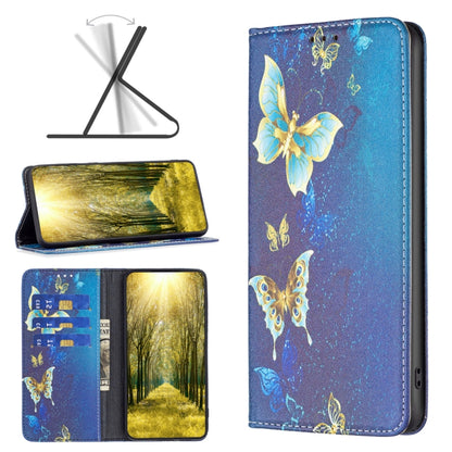 Blue leather phone case with butterfly pattern, stitched edges, and camera opening
