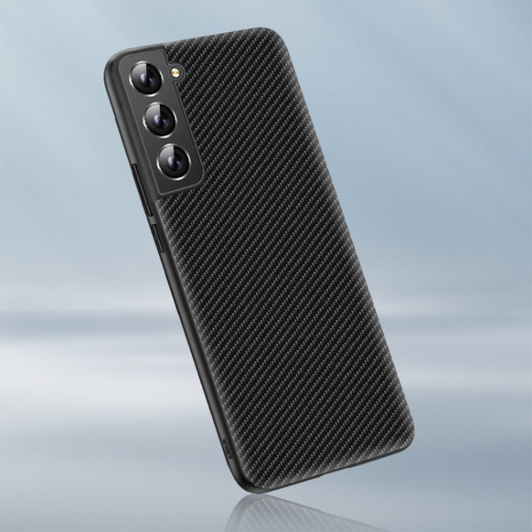 Black carbon-fiber texture phone case, rear view with triple-lens camera cutout