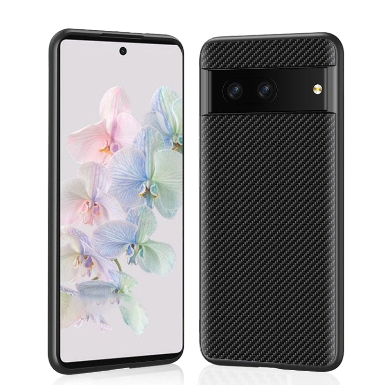 Phone case with carbon fiber texture, black, shown with phone front and back
