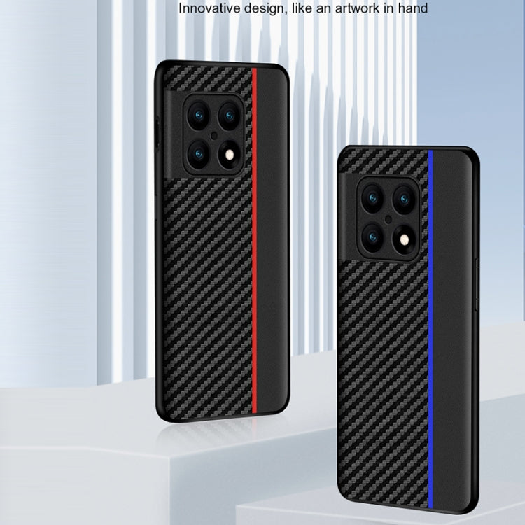 Black carbon fiber phone case with red stripe, and matching camera module cutout