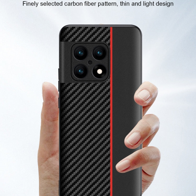 Black carbon fiber phone case with red side stripe and four-camera cutout