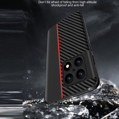 Black carbon fiber phone case with red accent stripe around the camera area