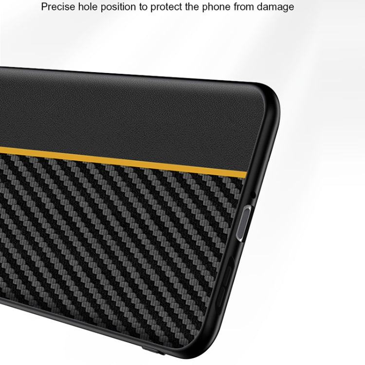 Black carbon fiber phone case with yellow edge stripe and side button cutouts