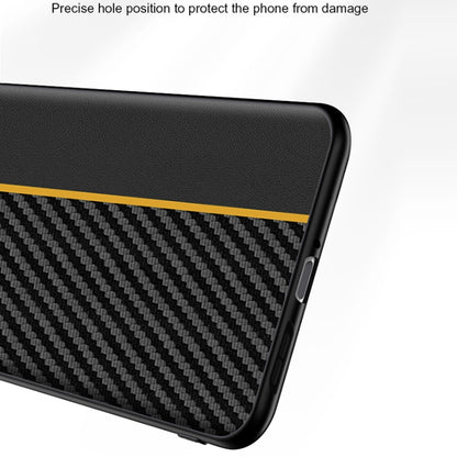Black carbon fiber phone case with yellow edge stripe and side button cutouts
