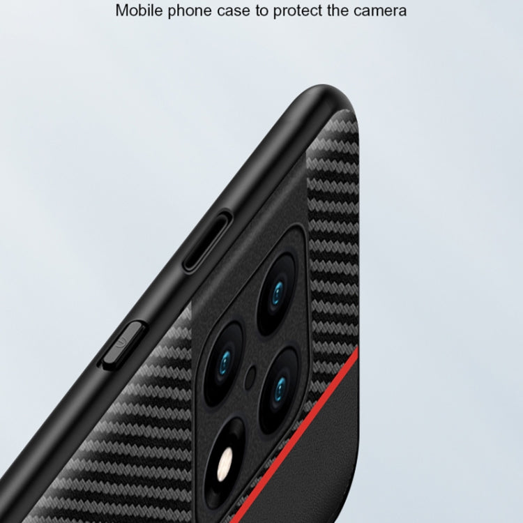 Black carbon fiber phone case with red camera-side accent stripe and speaker cutout