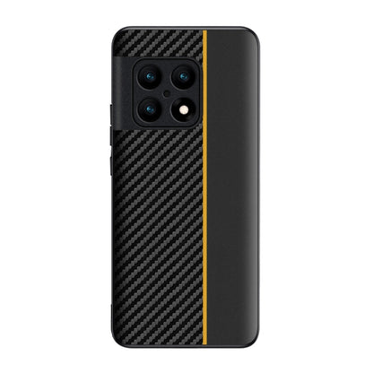 Ultra-thin phone case with black carbon fiber texture and yellow vertical stripe, rear view