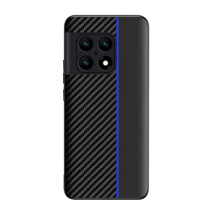 Ultra-thin phone case with black carbon fiber texture and blue vertical stripe, rear view