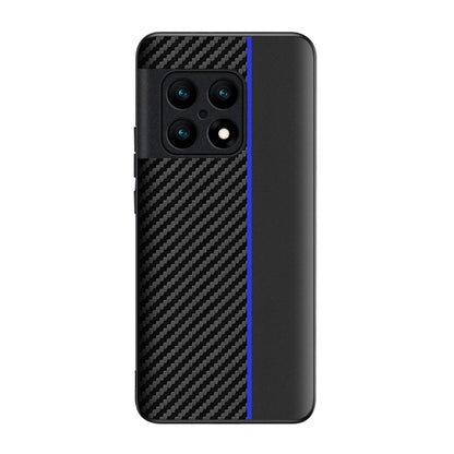 Ultra-thin phone case with black carbon fiber texture and blue vertical stripe, rear view