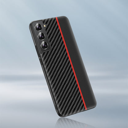 Black carbon fiber phone case with red vertical stripe and camera cutout
