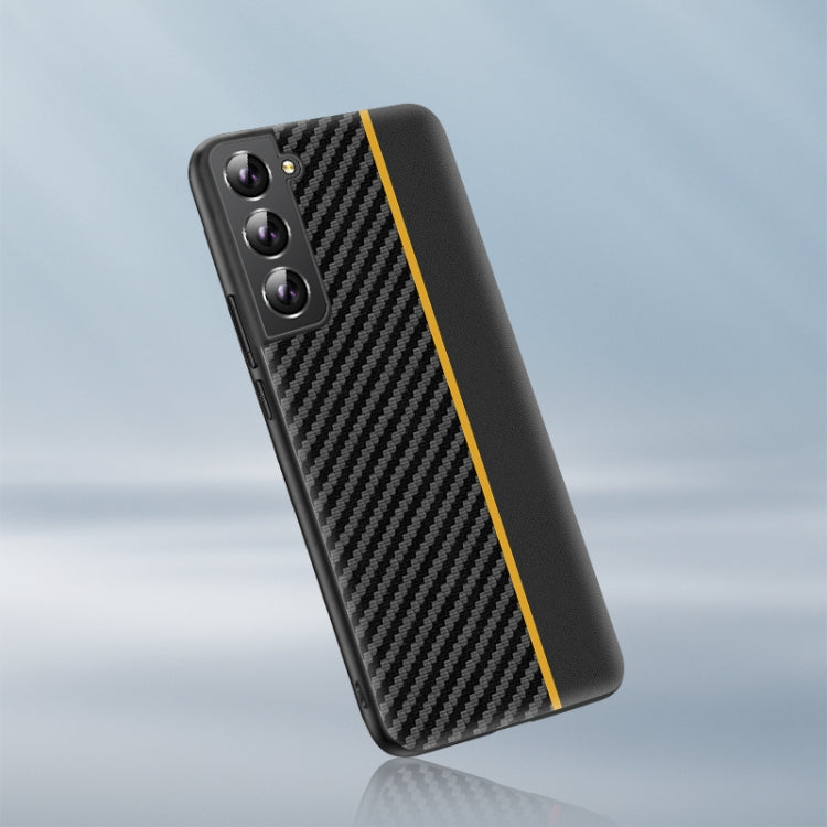 Ultra-thin phone case with black carbon fiber texture, yellow stripe, tilted rear view