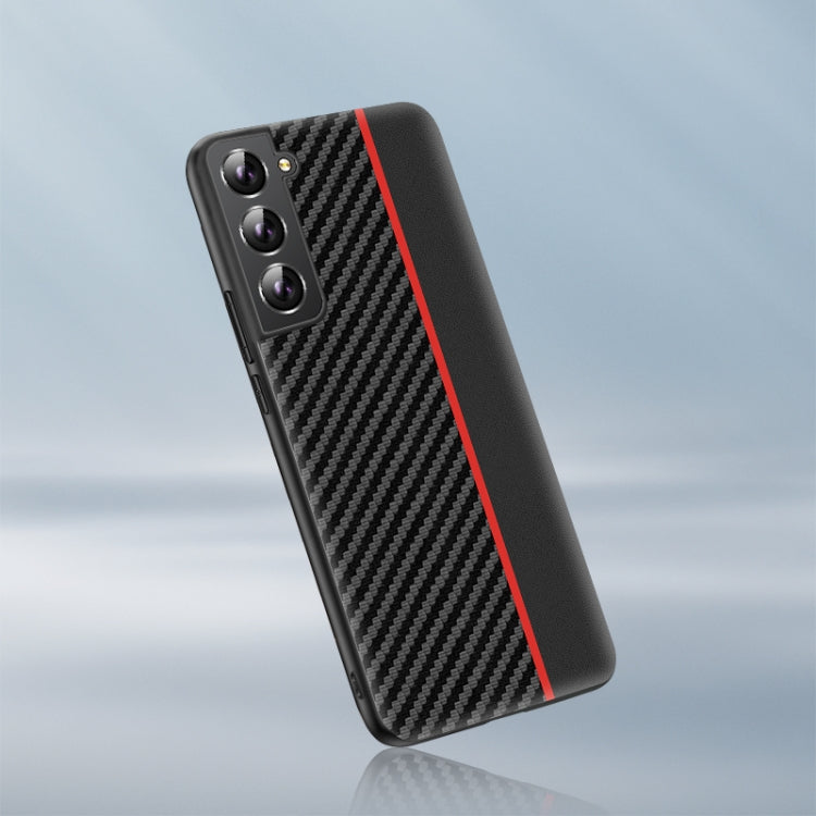 Black carbon fiber phone case with red side stripe, slim profile, and camera openings