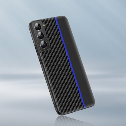 Black carbon fiber phone case with blue accent stripe and camera cutouts
