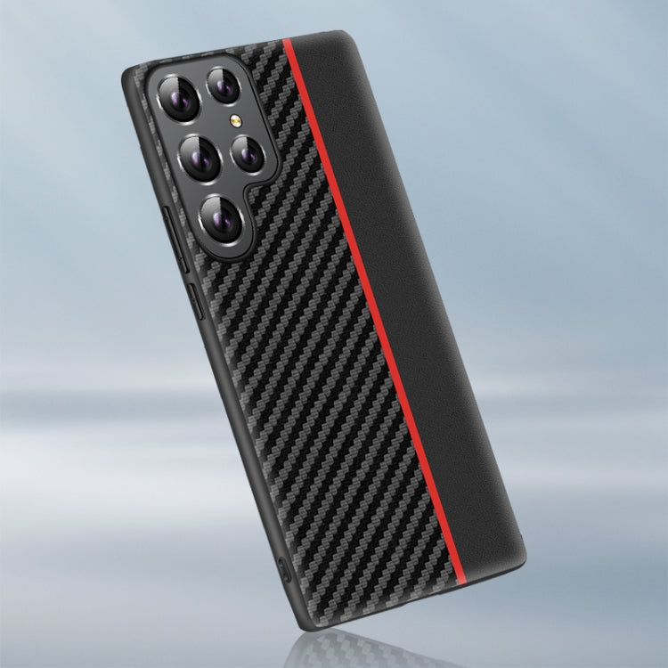Black carbon fiber phone case with red accent stripe and centered camera module cutout