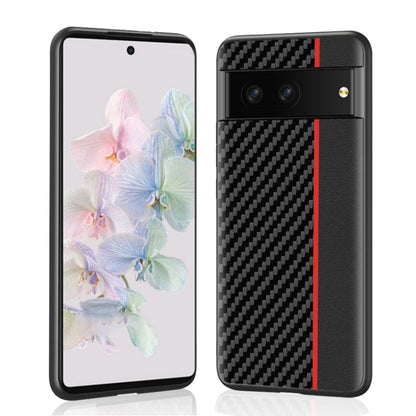 Ultra-thin phone case with black carbon fiber texture and red vertical stripe, front/back view