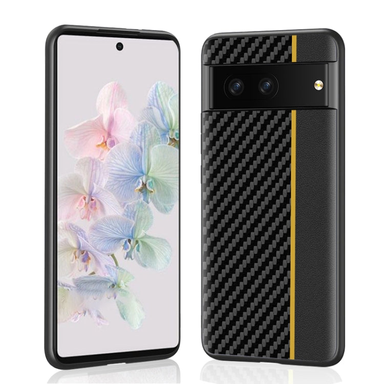 Ultra-thin phone case with black carbon fiber texture and yellow stripe; back and display view
