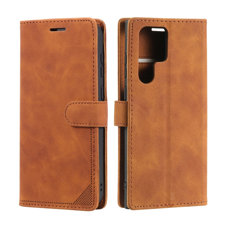 Brown leather flip phone case with stitched flap and side button opening