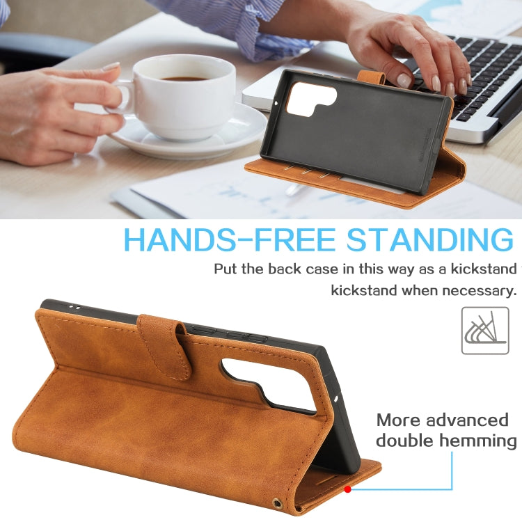 Brown leather folio phone case folded into a hands-free stand