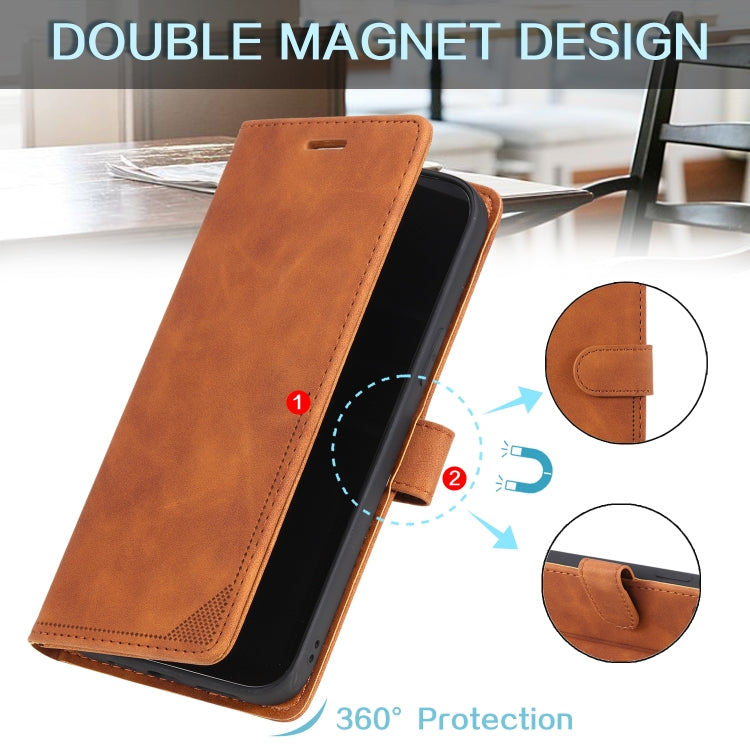 Brown leather folio phone case with angled kickstand display