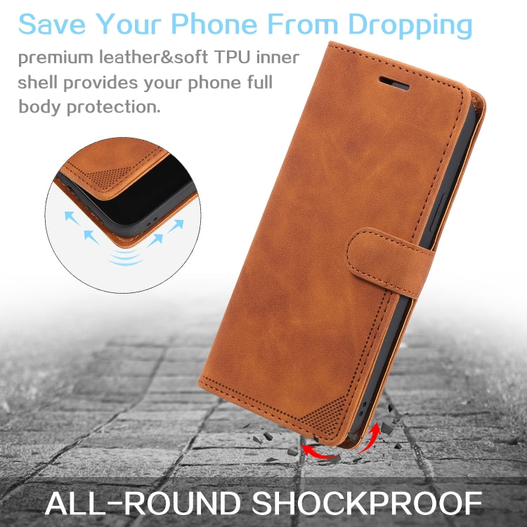 Brown leather flip phone case with stitched folio cover and protective corners