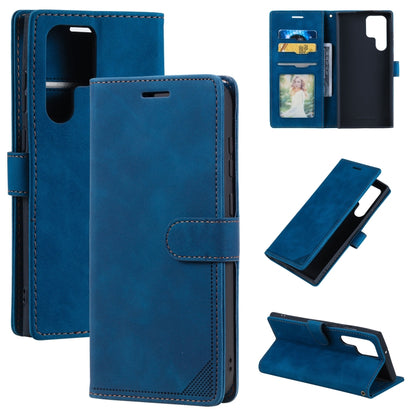 Blue leather wallet phone case with card slots and anti-theft strap, front and open view