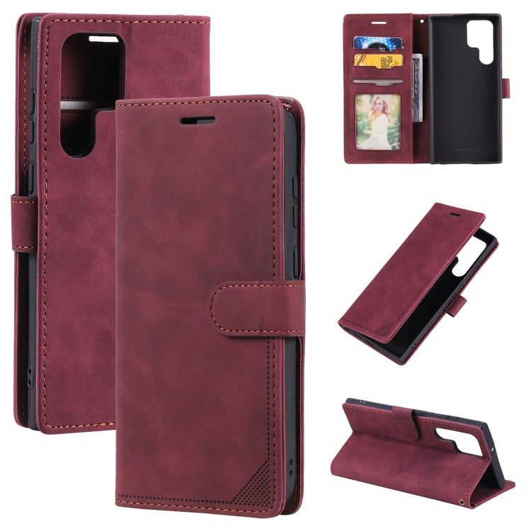 Burgundy leather wallet phone case with card slot and anti-theft strap, front and stand view