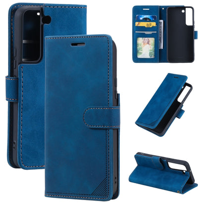 Blue leather wallet phone case with card slots and anti-theft strap, front and kickstand view