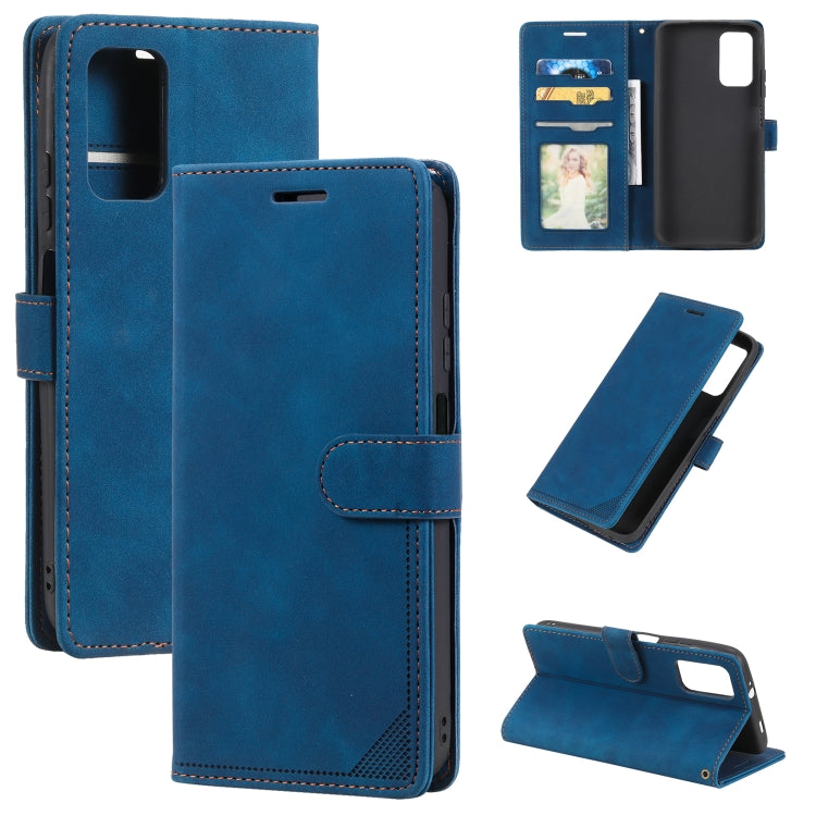 Blue leather wallet phone case with card slot and anti-theft strap, front and folded view